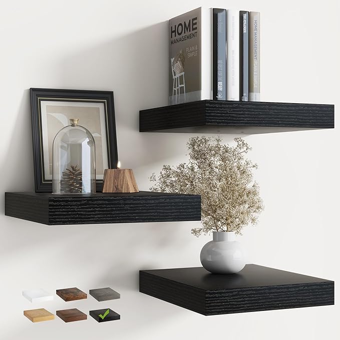 Floating Shelves for Wall with Invisible Brackets, Wall Mounted Engineered Wood Shelves with Wood Grain for Living Room, Bedroom, Bathroom, Kitchen Decor and Storage, Oak, 12"L Set of 3, Black