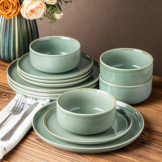 TheTerra Ceramic Dinnerware Sets for 4, 12 Pieces Handmade Reactive Glaze Plates and Bowls Set, Scratch Resistant Dish Set, Oven & Microwave & Dishwasher Safe, Eucalyptus