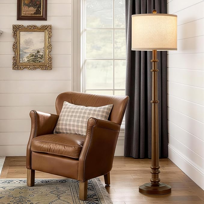 Floor Lamps for Living Room - 60" Wood Farmhouse Floor Lamp with Adjustable Color Temperatures - Vintage Standing Lamp Reading Light with Linen Shade Rustic Tall Lamp for Bedroom Office, Walnut