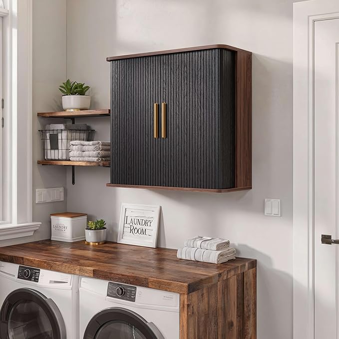 FIMELLO 29.5" W Bathroom Wall Cabinet, Laundry Room Cabinets Wall Mounted with Sliding Tambour Door, Kitchen Wall Cabinet, Floating Cabinet for Wall, Upper Cabinets, Black Walnut