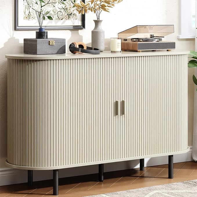 Buffet Cabinet with Storage, Fluted Sideboard Buffet with Sliding Door, Coffee Bar Cabinet with Adjustable Shelf, Console Table, Accent Table for Entryway, Kitchen (Natural White, 48 Inch)