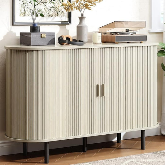 Buffet Cabinet with Storage, Fluted Sideboard Buffet with Sliding Door, Coffee Bar Cabinet with Adjustable Shelf, Console Table, Accent Table for Entryway, Kitchen (Natural White, 48 Inch)