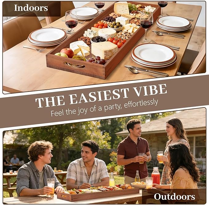 MAONAME Extra Large Cherry Wood Serving Tray with Handles, 36 x 12 inches Wooden Ottoman Tray, Long Serving Board for Party Breakfast Dinner, Classic Charcuterie Board for Meat, Cheese & Appetizers