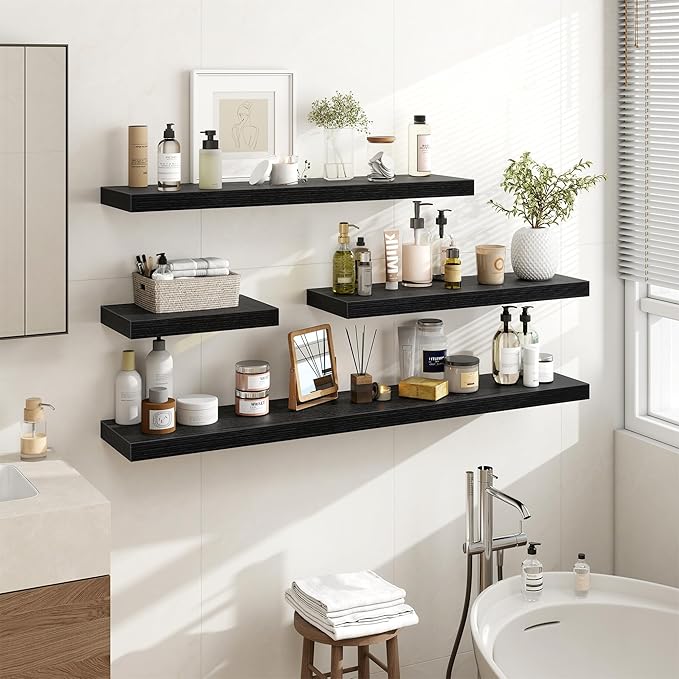 16 Inch Floating Shelves, 16"x9.25"x1.5" Inch Deep Floating Shelves for Wall, Wooden Shelves for Bathroom, Bedroom, Living Room, Black