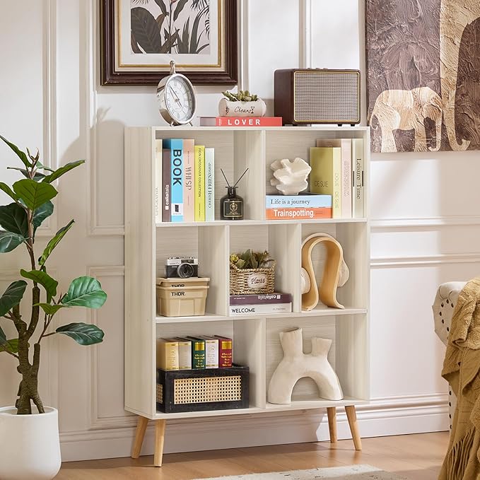 LEYAOYAO Cube Bookshelf 3 Tier Mid-Century Light Grey White Modern Bookcase with Legs,Retro Wood Bookshelves Storage Organizer Shelf,Freestanding Open Book Shelves for Bedroom,Living Room,Office