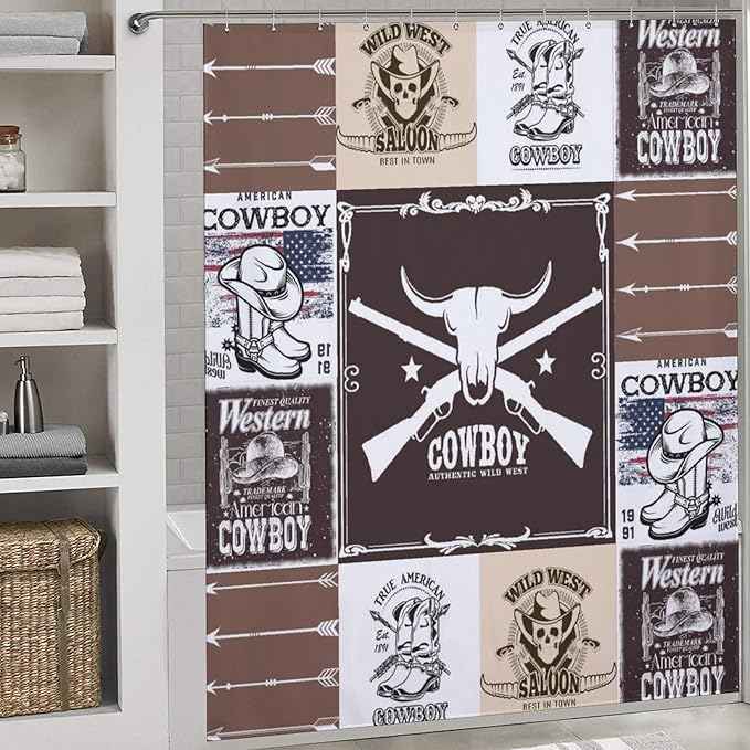 Vintage Cowboy Western Country Shower Curtain,Bull Head Boots Arrow Patchwork Design Waterproof Shower Curtains for Bathroom Decor 12 Pack Hooks 72x72in (183x183cm)