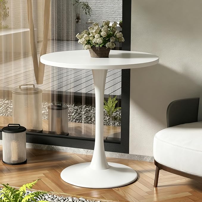 Round Dining Table 27.5" Circle Tulip Table with Wood Thickened Tabletop & Sturdy Metal Pedestal Mid Century Modern Leisure Bistro Kitchen Tables 4 People Small Places Living Room Cafe,White