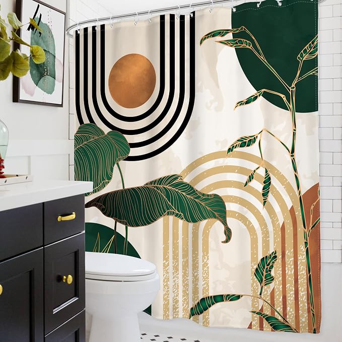Glawry Abstract Mid Century Shower Curtain Green Retro Boho Tropical Palm Tree Sun Arch Bathroom Modern Minimalist Aesthetic 72Wx78L Inches Bath Accessories Art Home Decor Fabric 12 Pack Hooks