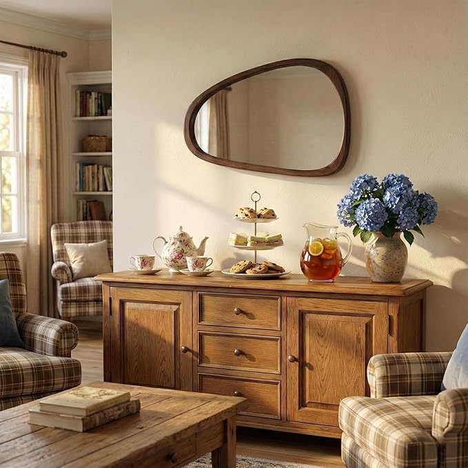 Irregular Asymmetrical Wall Mirror 36"×24" with Solid Wood Frame, Sculptural Mid-Century Modern Decorative Wall Mirror for Living Room & Entryway