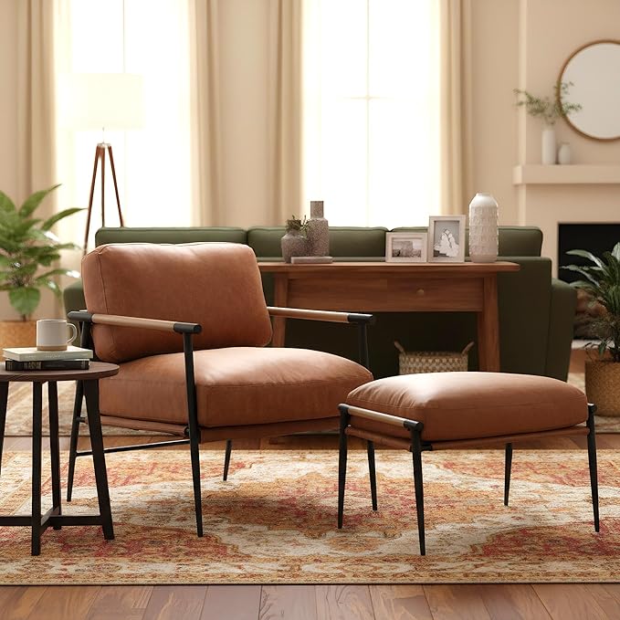 DUOMAY Mid Century Modern Accent Chair with Ottoman Set, PU Brown Upholstered Living Room Chair with Metal Legs Lazy Lounge Chair Set with Footrest for Bedroom Living Room