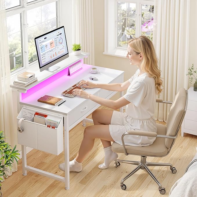 DurayLoly Computer Desk with 2 Drawers & LED Lights,31Inch Home Office Desks with Side Pocket and Monitor Stand,Study Writing Table for Small Spaces,White