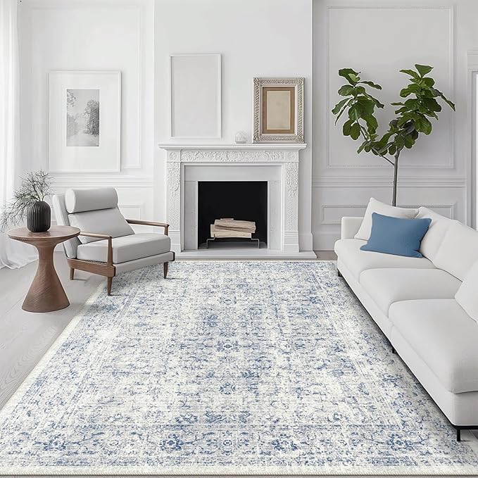 3x5 Rug, Small Area Rug for Living Room, Bedroom, Kitchen, Machine Washable Non-Slip Throw Rug, Vintage Distressed Floral Carpet for Entryway Nursery Dinner Room - Durable (Blue)