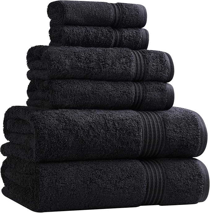 Superior Heritage Egyptian Cotton 6 Piece Towel Set, Heavyweight Towels for Bathroom, Guest Bath, Luxury Home Decor, Plush Absorbent Essentials, Includes 2 Bath, 2 Hand, 2 Face Towels, Black