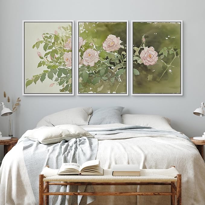 wall26 Framed Print Wall Art Set Blush Pink Rose Garden Botanical Decorative Minimal Relax/Zen for Living Room, Bedroom, Office - 24"x36"x3 White