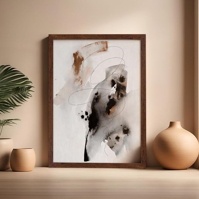 Poster Master Ink Wash Painting Poster - Line on Ink Wash Print - Ink Brush Art - Abstract Illustration - Line Design - Bedroom or Living Room Wall Decor - 16x20 Brown Framed