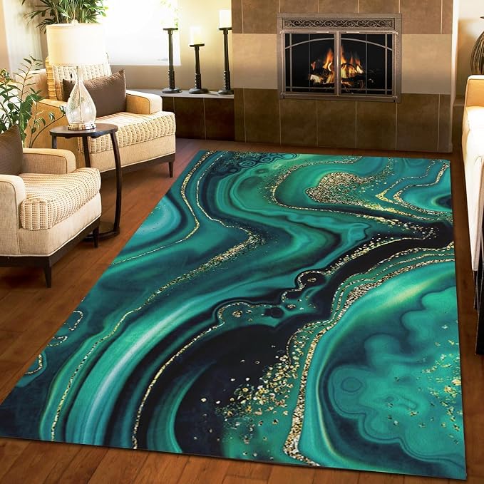2x3 Area Rug Abstract Texture Marble Soft Washable Carpet, Emerald Green Gold Marble Texture Upholstery Rug with Non-Slip Backing for Kids Boys Girls Bedroom Living Room Dining Room Study