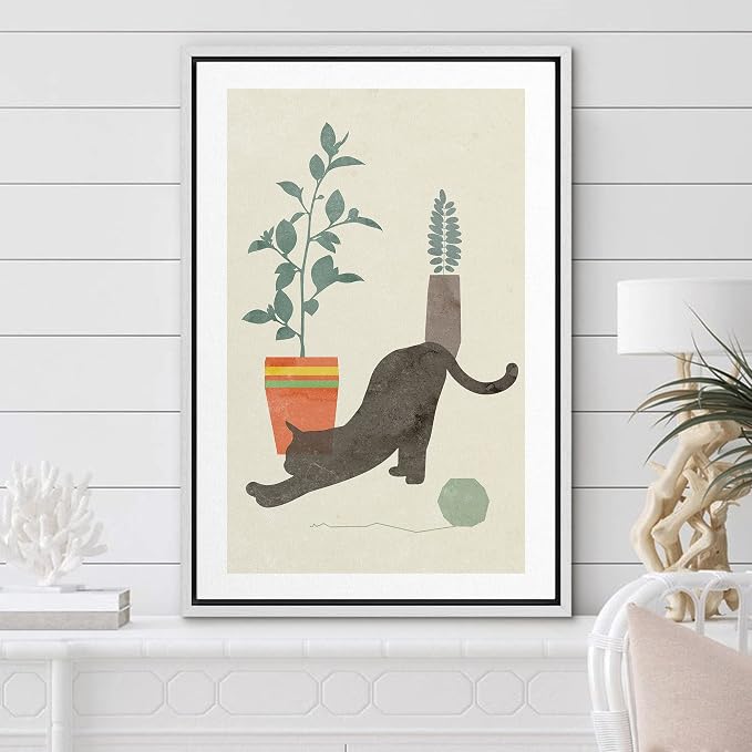 Woodrose Framed Canvas Print Wall Art Retro Black House Cat with Plants Animals Shapes Illustrations Modern Minimalist Chic Relax/Calm Multicolor for Living Room, Bedroom, Office - 16"x24" White