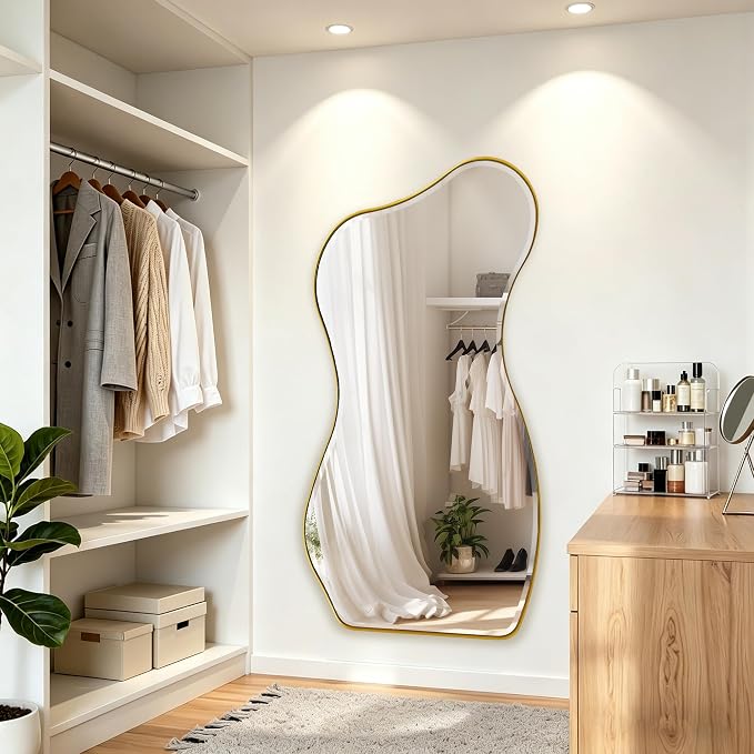 POZINO Large Irregular Beveled Mirror, 63"x32" Asymmetrical Wall Mirror with Metal Frame, Full Length Organic Floor Mirrors for Entryway Living Room Bedroom Hallway, Leaning/Wall-Mount