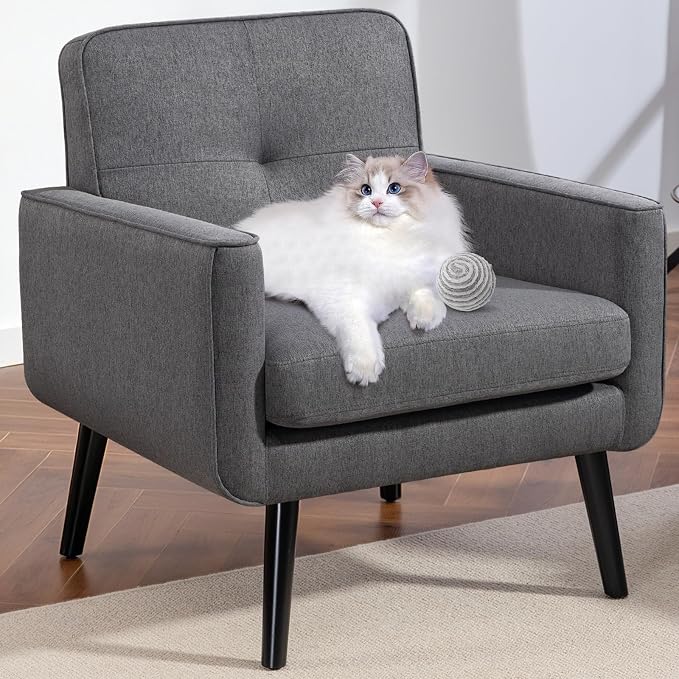 Vogue Furniture Direct Mid Century Accent Chair, Fabric Modern Chair with Wooden Frame, Cozy Armchair Reading Chair with Comfy Back for Apartment, Living Room, Bedroom, Small Space, Corner, Grey