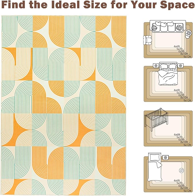 Large 9x12 Area Rugs for Living Room, Washable Modern Mid Century Rug for Bedroom, Soft Non-Slip Indoor Floor Carpet for Dining Room Nursery Office Home, Orange