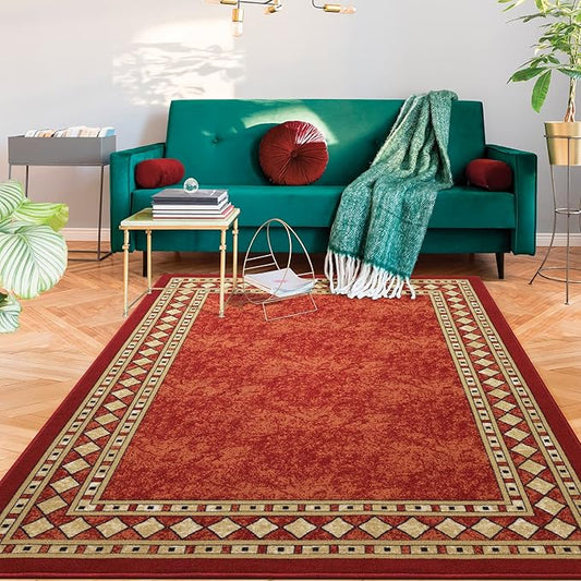 Antep Rugs Alfombras Modern Bordered 5x7 Non-Skid (Non-Slip) Low Profile Pile Rubber Backing Indoor Area Rugs (Maroon Beige, 5' x 7')