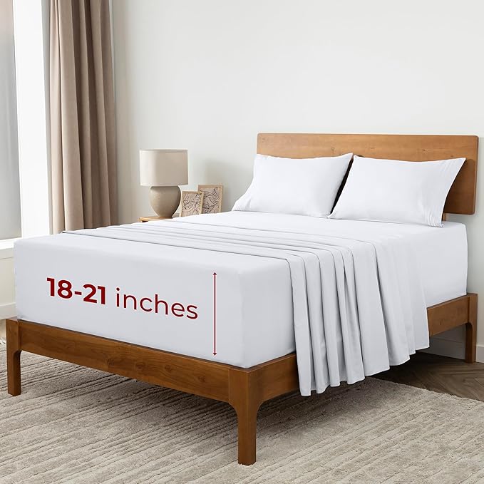 Mellanni Extra Deep Split King Sheets - 5 PC Iconic Collection Bedding - Hotel Luxury, Ultra Soft, Cooling Bed Sheets - Wrinkle, Fade, Stain Resistant (Split King, White)