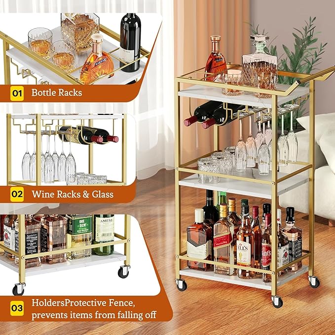 LOTEYIKE 3 Tier Bar Cart, Mini Liquor Utility Cart for Wine Beverage Dinner Party, Rolling Wine Coffee Drink Serving Cart with Lockable Wheels for Home Kitchen Bars (Gold)