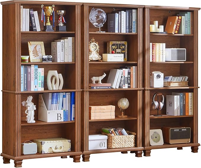 SAVOR LIFE 70" Tall Brown Bookshelf,5 Tier Wooden Book Shelf with Adjustable Shelves & Wood Legs,Free Standing Farmhouse Bookcase with Open Display Storage,Vintage Bookshelves for Classroom, 3PCS