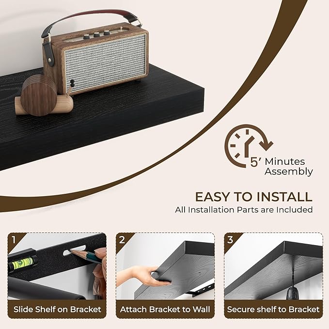 RICHFOCUS 20Inch Floating Shelves for Wall 2 Pack Shelves for Bedroom|Kitchen|Bathroom|Laundry Room Rustic Wood Wall Mounted Shelf with Invisible Brackets for Books|Storage|Decor, Black