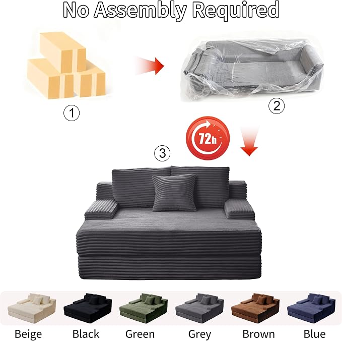 Boneless Chaise Lounge Chair Indoor, 59" W x 65" D Oversized Floor Cloud Sofa Bed, Premium Corduroy Fabric & Full 30D Memory Foam, Boneless Couch for Living Room, No Assembly Required,Grey