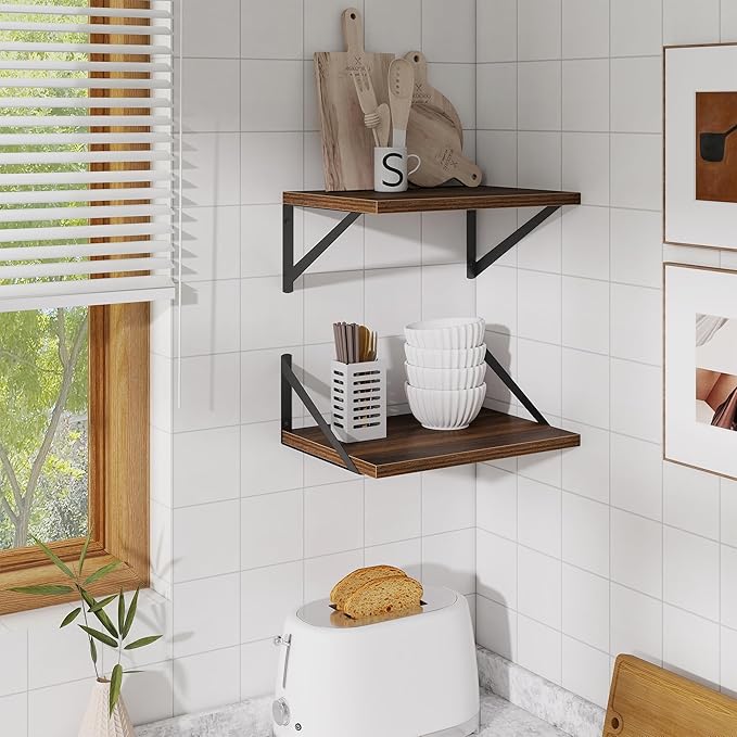 Deep Floating Shelves,16" Wx10 D Floating Shelves for Wall Set of 2,Heavy Duty Wood Floating Shelf with Metal Bracket,Wall Mounted Hanging Shelf for Living Room Bedroom Bathroom Kitchen,Walnut