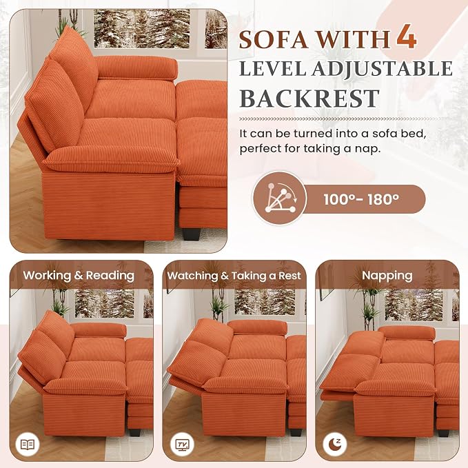 Modular Sectional Sofa Cloud Couch, Comfy Corduroy Loveseat with Ottoman Upholstered Deep Seat Sleeper Sofa Bed 2 Seater Couch Oversized Chaise Lounge Chair Indoor for Living Room Bedroom, Orange