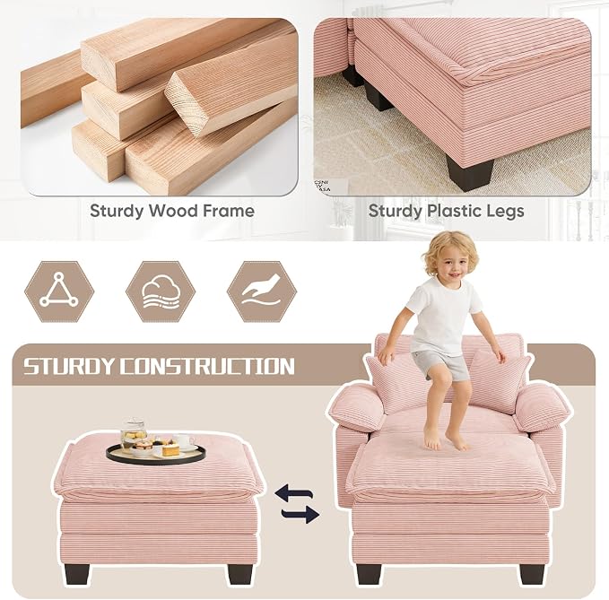 Chaise Lounge Chair Indoor, Oversized Accent Chairs with Ottoman, Luxury Corduroy Upholstered Deep Seat Sleeper Sofa Reading Chairs and A Half with Pillows for Living Room, Bedroom, Apartment, Pink