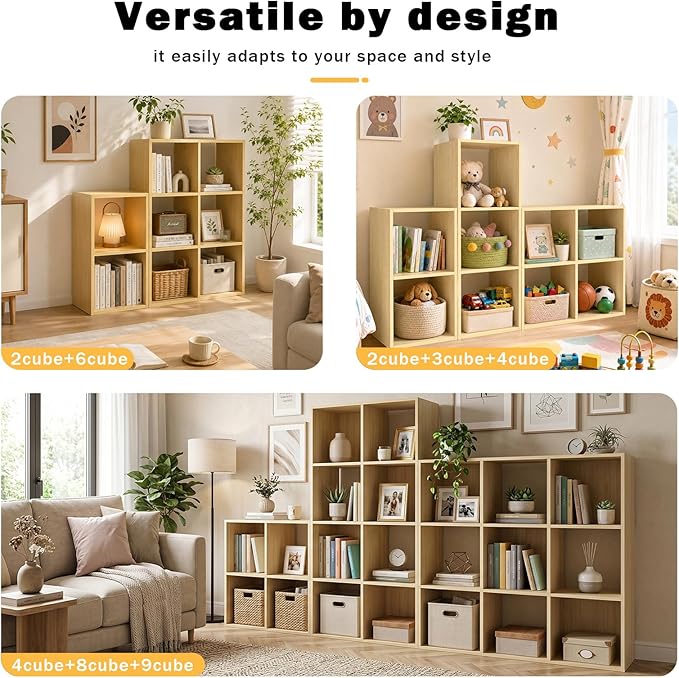 Endearing Limons【2026 Wooden 8 Cube Shelf Storage Organizer with Anti-Tipping Kits + Reversible Open Back Solid Panel Bookcase (11 x 11 Unit Cell White)