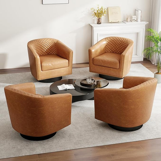 Swivel Barrel Accent Chair, Comfy Modern Upholstered Round Faux Leather Arm Chair for Living Room, Bedroom - Coffee, Set of 4