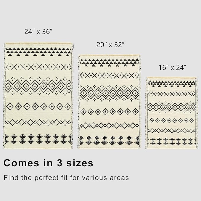 Douceur Boho Bath mat for Bathroom Floor Non Slip, Acrylic Blend Cute Bath Rugs with Tassels, Black and Cream White Tribal Ethnic Pattern Farmhouse Bathroom Rugs, 24" x 36"