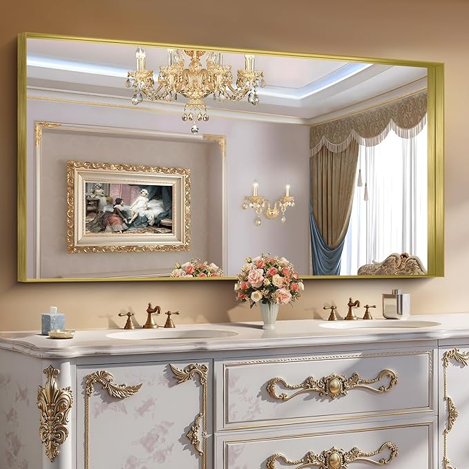 CIRCUMI Gold Bathroom Mirror, 30"x60" Rectangular Mirror with Deep Metal Frame, Brushed Finish, Tempered Glass, Large Mirror for Wall, Over 2 Sinks, Installed Vertically/Horizontally, Crystal-Clear