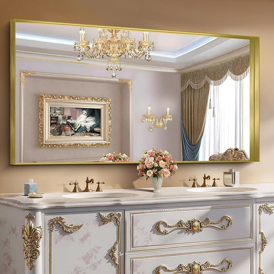 CIRCUMI Gold Bathroom Mirror, 30"x60" Rectangular Mirror with Deep Metal Frame, Brushed Finish, Tempered Glass, Large Mirror for Wall, Over 2 Sinks, Installed Vertically/Horizontally, Crystal-Clear