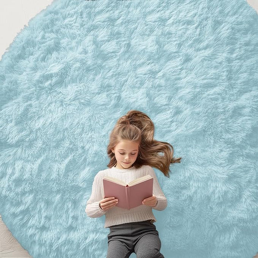 OLANLY Light Blue Round Rugs for Bedroom - Machine Washable, 8 ft Circle Area Rugs for Living Room, Soft and Fluffy Shaggy Carpet for Teen Girl and Boys, Nursery Rooms, Dorms, Home Decor Aesthetic