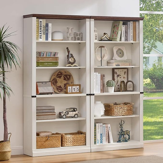 70" White Tall Bookshelf Set of 2,5-Tier Thick Wooden Book Shelf with Adjustable Shelves,Free Standing Farmhouse Bookcase with Open Display Storage,Floor Vintage Bookshelves for Living Room