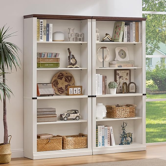 70" White Tall Bookshelf Set of 3,5-Tier Thick Wooden Book Shelf with Adjustable Shelves,Free Standing Farmhouse Bookcase with Open Display Storage,Floor Vintage Bookshelves for Living Room