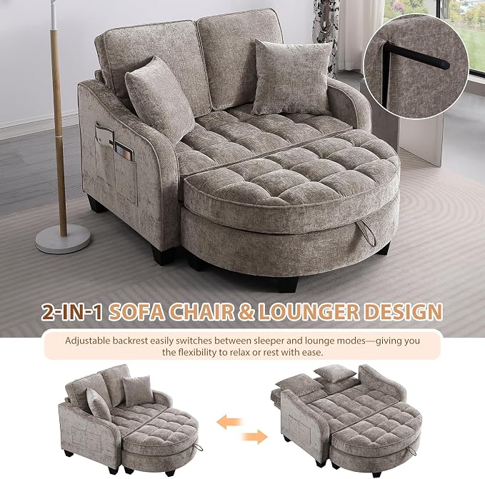 Oversized Curved Chaise Lounge Chair Indoor with Ottoman, 54.8" Cloud Boneless Reading Chair Soft Chenille Circle Couch w/Adjustable Backrest for Living Room, Apartroom, Bedroom, Brown