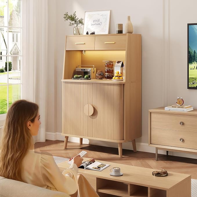 Decofy 47.2" Sideboard Buffet Cabinet with LED Light & Sliding Door, Modern Storage Cabinet with Adjustable Shelf &2 Drawers, Coffee Bar for Kitchen, Entryway(Oak)