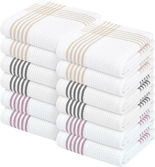 Waffle White & Multi Colors Kitchen Towels 12 Pack, 100% Cotton, 16x26 inches, Durable Dish Towel, Quick Dry Dishcloths, Ideal for Drying, Wiping - Beige, Black, Burgundy Wine