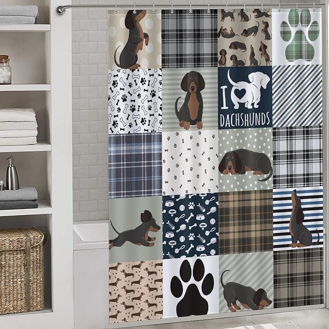 Dachshund Print Shower Curtain Dog Grey Brown Plaid Funny Animal Patchwork Pattern Duty Fabric Shower Curtains Set Bathroom Polyester Waterproof with 12 Hooks, 66x72Inch（168x183cm）