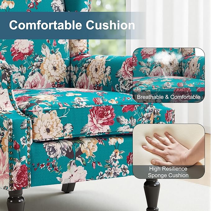 Wingback Chair, High Back Floral Accent Chair in Fabric, Comfy Upholstered Armchair with Nailhead Trim for Living Room, Single Sofa Reading Chair for Small Spaces, Bedroom-Peacock Blue