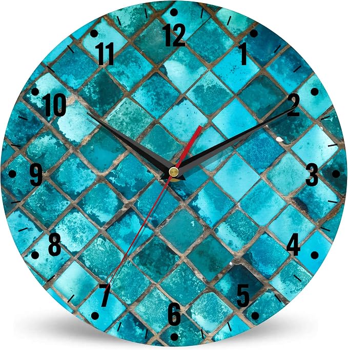 SPUNKER Clocks for Living Room,Turquoise Geometric Kitchen Wall Clock,Teal Mosaic Clocks 10 Inch Silent Non-Ticking Wall Battery Operated for Living Room Bedroom Bathroom Laundry Room Decor