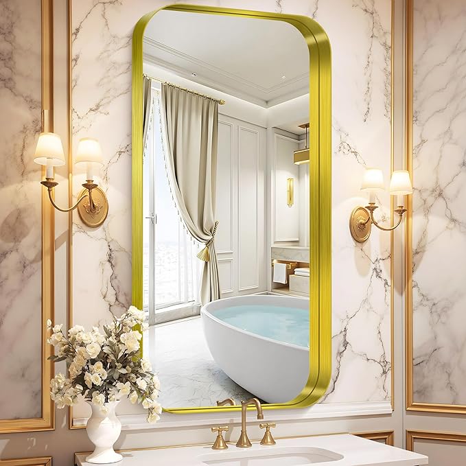 CIRCUMI Gold Bathroom Mirror, 24"x48" Rectangular Mirror with Deep Metal Frame, Rounded Corner, Tempered Glass, Large Mirror for Wall, Over 2 Sinks, Installed Vertically/Horizontally, Crystal-Clear