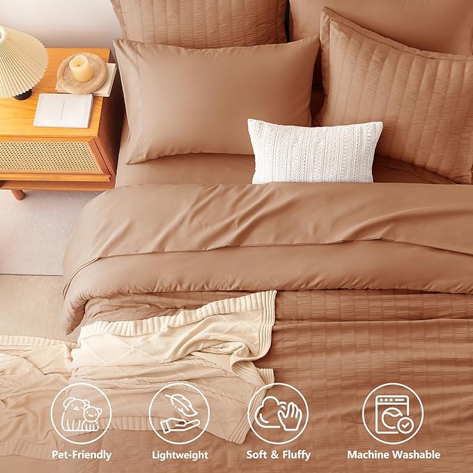 CozyLux King Size Comforter Set Pumpkin, 7 Pieces Seersucker Textured Luxury Bed in a Bag, All Seasons Soft Bedding Sets with Down Alternative Comforter, Sheets, Pillowcases & Shams, Home Gift