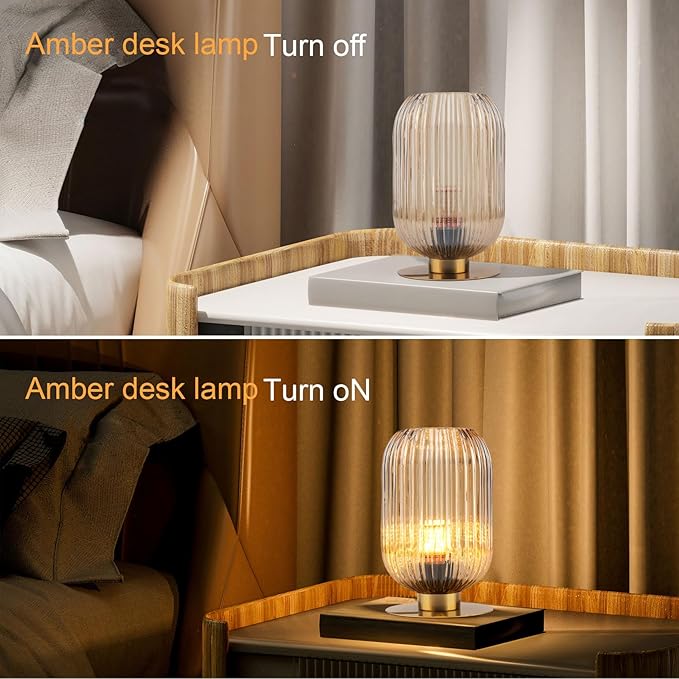 Small Table Lamp, Mid Century Modern Bedside Table Lamp, Amber Ribbed Glass Globe Table Lamp, Vintage Brass Nightstand Lamp for Bedroom Living Room Office, E26 Desk Lamp